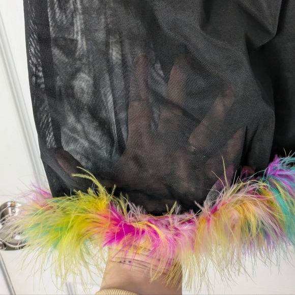 Hot & Delicious Multicolor Feather Trim Black Mesh Mini Party Skirt Size Medium - Picture 6 of 6